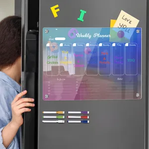 Colorful acrylic weekly planner magnetic fridge memo board with erasable dry erase pens.
