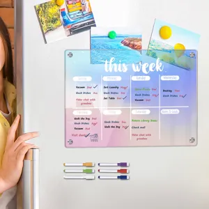 Acrylic weekly calendar magnetic dry erase board for refrigerator with colorful markers.