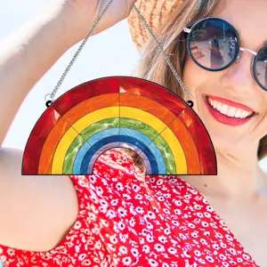 Colorful rainbow acrylic window hanging suncatcher ornament with metal chain home decor.