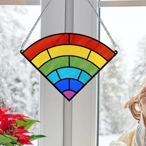 Stained glass rainbow suncatcher detail view, geometric window hanging decor with metal chain.