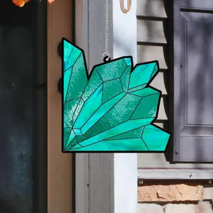 Teal crystal cluster acrylic hanging window ornament, vibrant home decor for porch or room.