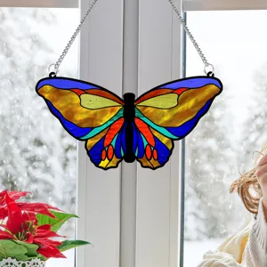 Stained acrylic butterfly hanging window decor with chain, vibrant home ornament for winter.