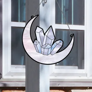 Stained glass crescent moon crystal cluster hanging ornament window decor for home interior
