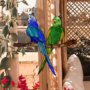 Acrylic stained glass bird hanging decoration, beautiful double birds suncatcher for home decor.