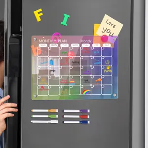 Colorful acrylic monthly calendar board with erasable pens for refrigerator memo display.