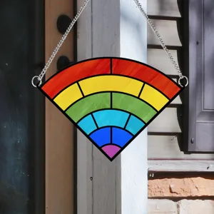 Colorful rainbow Wi-Fi shape hanging glass suncatcher detail view for window decor.