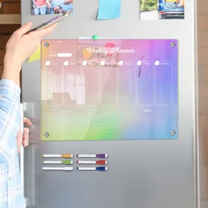 Acrylic magnetic weekly planner board for fridge with dry erase markers and colorful design