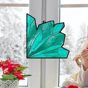 Crystal cluster hanging ornament detail, stained glass style acrylic window suncatcher decor.