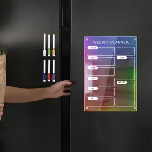 Acrylic magnetic weekly planner board for refrigerator with colorful dry erase markers set.