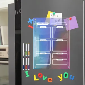 Colorful acrylic weekly planner magnetic board for fridge with erasable pens and clear layout.
