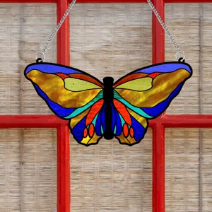 Stained glass style butterfly hanging decoration with metal chain for home window decor.