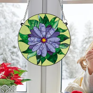 Stained glass window hanging purple flower suncatcher acrylic round home decor ornament