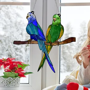 Stained glass bird window hanging, colorful acrylic animal pendant for home decor.
