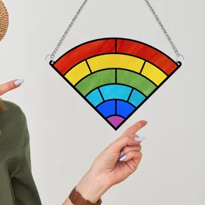 Detailed shot of a colorful rainbow WiFi icon stained glass hanging ornament with metal chain.