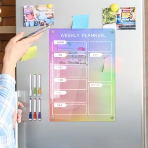 Acrylic weekly planner magnetic dry erase board for fridge with colorful gradient design and pens.