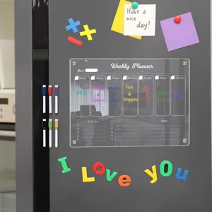 Clear acrylic weekly planner magnetic board for fridge with dry erase markers and colorful notes.