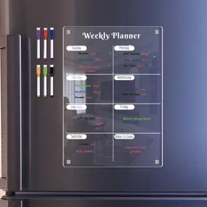 Clear transparent acrylic magnetic weekly planner board for refrigerator with colorful dry erase pens.