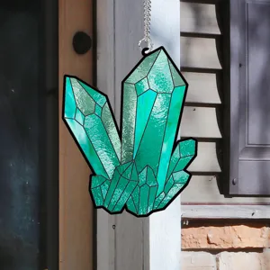 Stained glass crystal cluster hanging decoration, vibrant teal acrylic home pendant detail.
