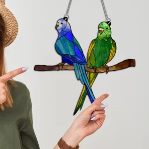 Stained acrylic double parrot window hanging suncatcher home decor with metal chain for wall.