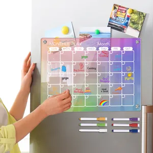 Detailed view of the colorful acrylic magnetic monthly calendar board on fridge.