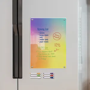 Clear acrylic magnetic dry erase board detail view, showing colorful weekly planner notes and pens.