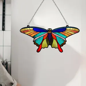 Stained glass style butterfly hanging decor, colorful acrylic glass panel with metal chain for wall.
