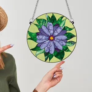 Round stained glass style hanging decoration with purple flower and metal chain for home decor