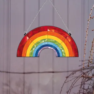 Stained glass rainbow hanging suncatcher ornament with metal chain for window decor.