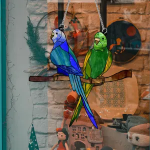 Stained acrylic double parrot bird hanging ornament window decor detailed view