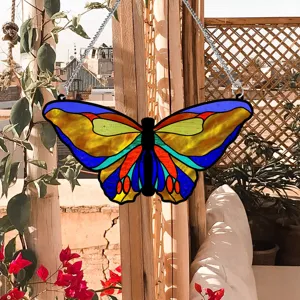 Stained glass style butterfly hanging ornament with chain, perfect for home decor and window.