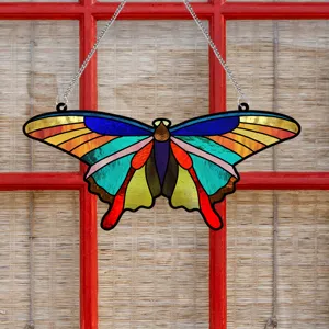 Stained glass style butterfly hanging decor acrylic glass panel window ornament with metal chain.