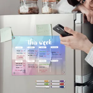 Clear acrylic magnetic weekly planner board for refrigerator, includes dry erase markers.