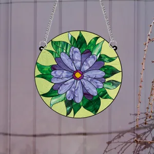 Stained glass style circular floral hanging ornament purple flower home wall decor pendant