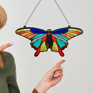 Stained glass style butterfly hanging decor with metal chain for home wall window decoration.