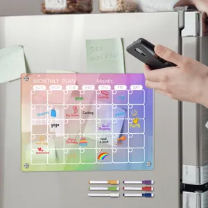 Colorful acrylic monthly calendar whiteboard for fridge, magnetic memo planner with dry erase pens.