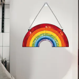 Rainbow acrylic window hanging suncatcher with chain and suction cup for home decor.
