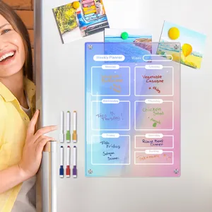 Magnetic acrylic weekly planner calendar board for fridge with colorful erasable markers.