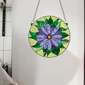 Round stained glass style purple flower hanging acrylic sign for home wall decor with chain