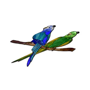 Stained glass style acrylic parrot hanging ornament, double birds on branch decor for home wall.