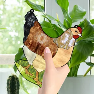 Stained glass chicken window hanging ornament, colorful acrylic farm animal home decor.