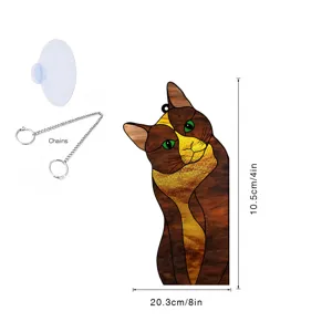 Stained glass cat window hanging suncatcher pendant with chains suction cup home decor
