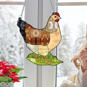 Stained acrylic chicken hanging ornament with chain for window home decor display.