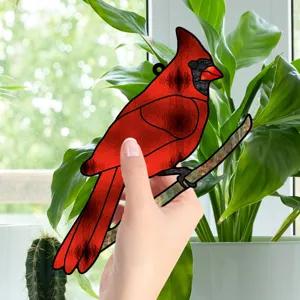 Red cardinal bird acrylic hanging pendant detail view for home window decor and ornament.