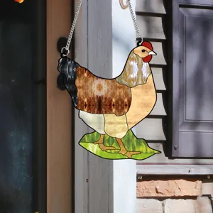 Acrylic chicken hanging decor, colorful stained glass style window suncatcher ornament.