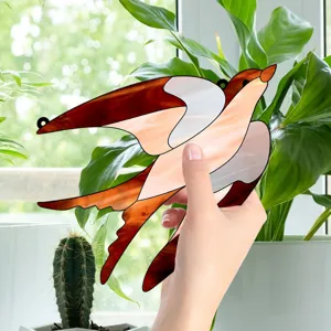 Stained glass bird hanging ornament, acrylic animal window decor detail view.