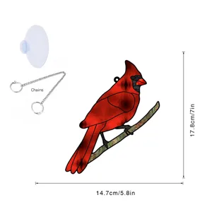 Red cardinal stained glass window hanging with suction cup and metal chain for home decor 7in
