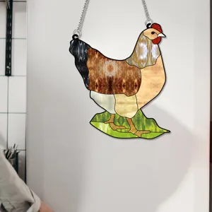 Close-up detail view of the vibrant stained glass style acrylic chicken hanging ornament.