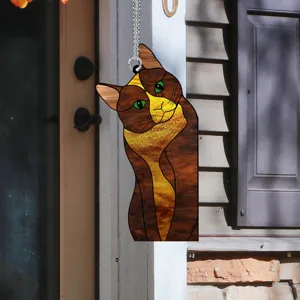 Stained glass style cat hanging ornament, acrylic animal window hanging decor for home.