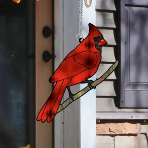 Red cardinal hanging acrylic stained glass style bird window ornament for home decor.