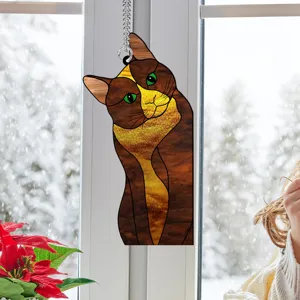 Detailed view of stained glass style cat window hanging pendant with metal chain decoration